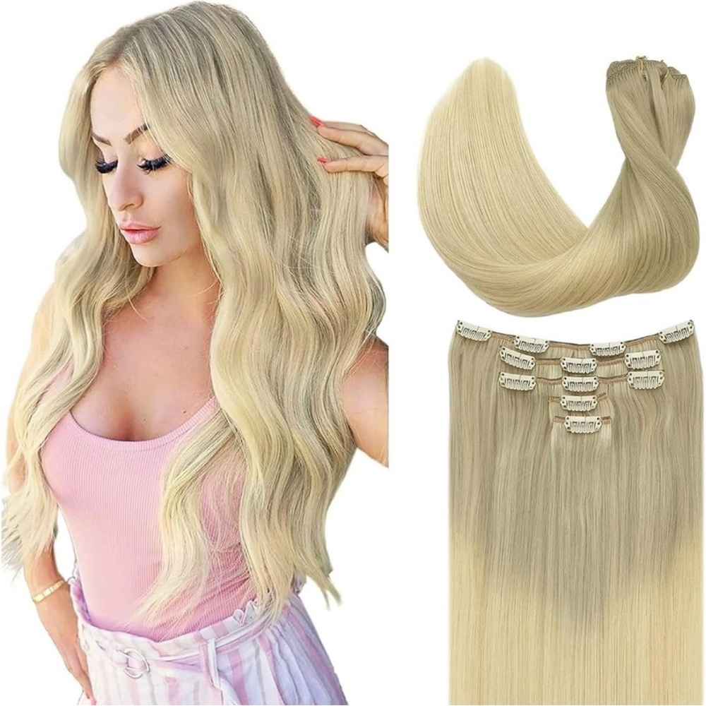 Doores Ash Golden Platinum Blonde Balayage Human Hair 22 Inch Clip In Extensions